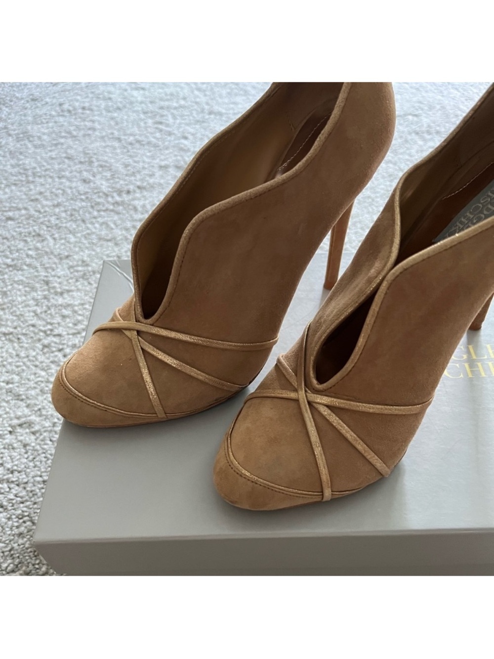 Badgley Mischka Tan Suede Sculpted V-Cut Stiletto Booties - Picture 3 of 6
